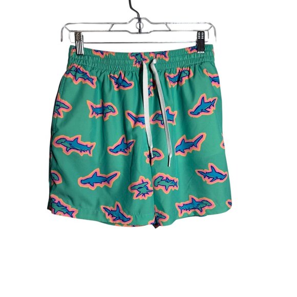 Chubbies Mens Medium Swim Trunks Shark Print Green Adjustable Drawstring 5.5" In - Picture 1 of 5